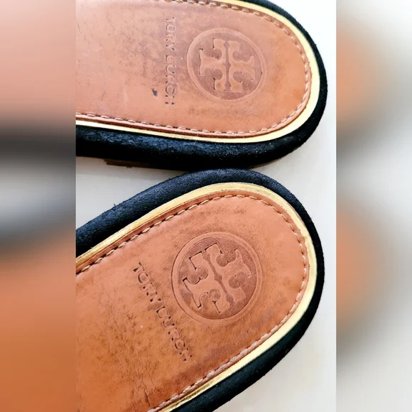 Tory Burch Miller Leather Thong Sandals Metal/Gold Logo Black/Tan US 8 - Picture 11 of 16